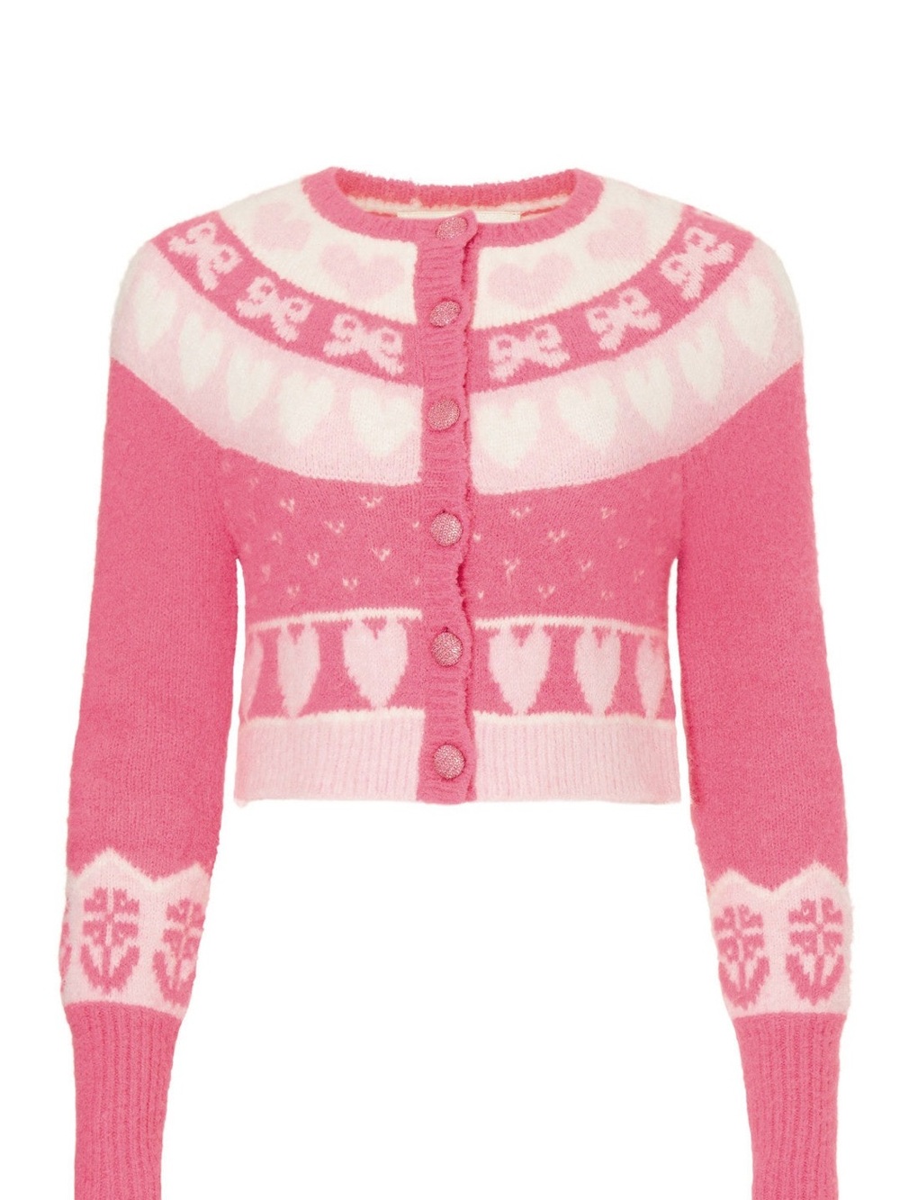 LoveShackFancy Pink and White Heart Motif Cropped Cardigan